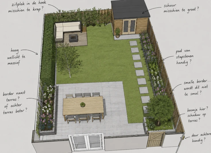 Voorbeeld van een digitaal 3D tuinontwerp met vragen