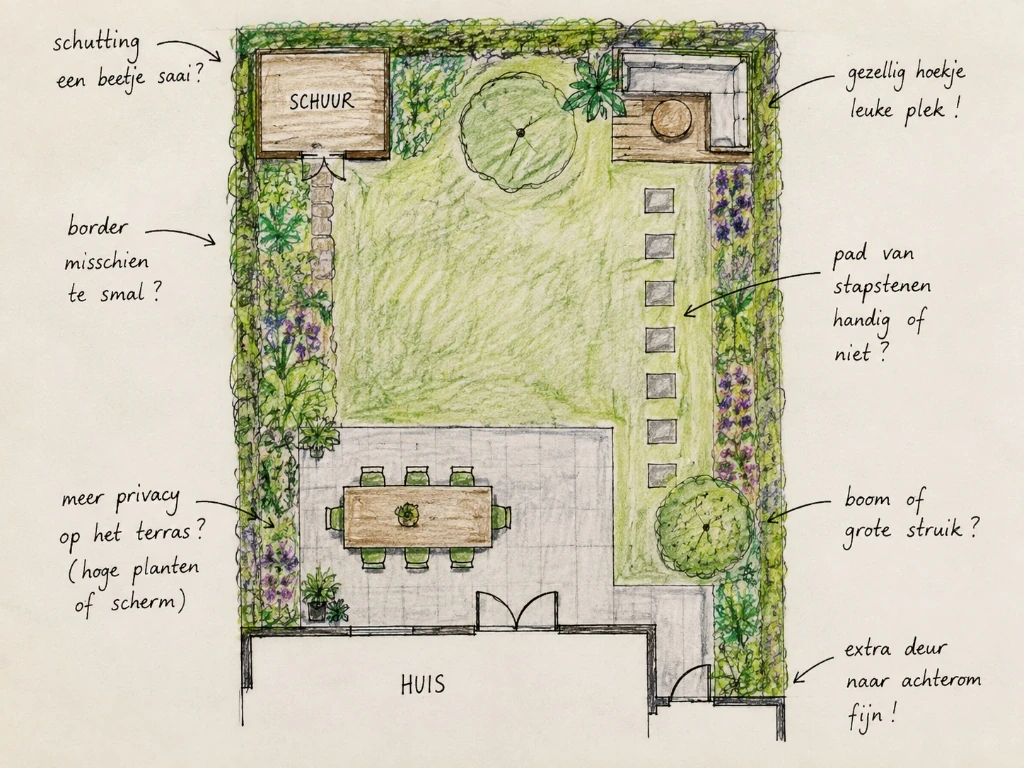Kleurrijke handgetekende tuinschets met vragen en ontwerpcheck feedback