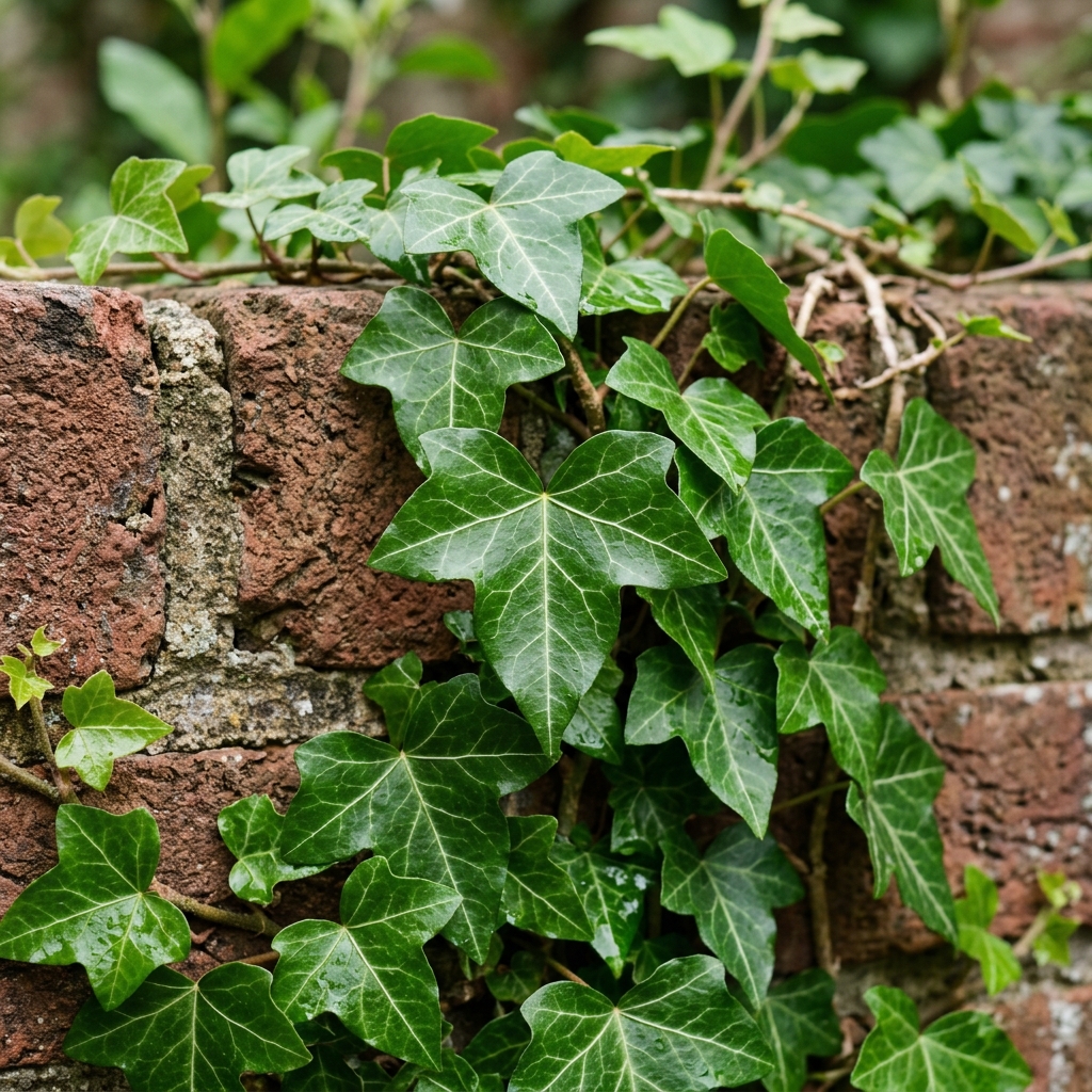 Klimop (Hedera helix) met glanzende, groen-witte bladeren op een muur
