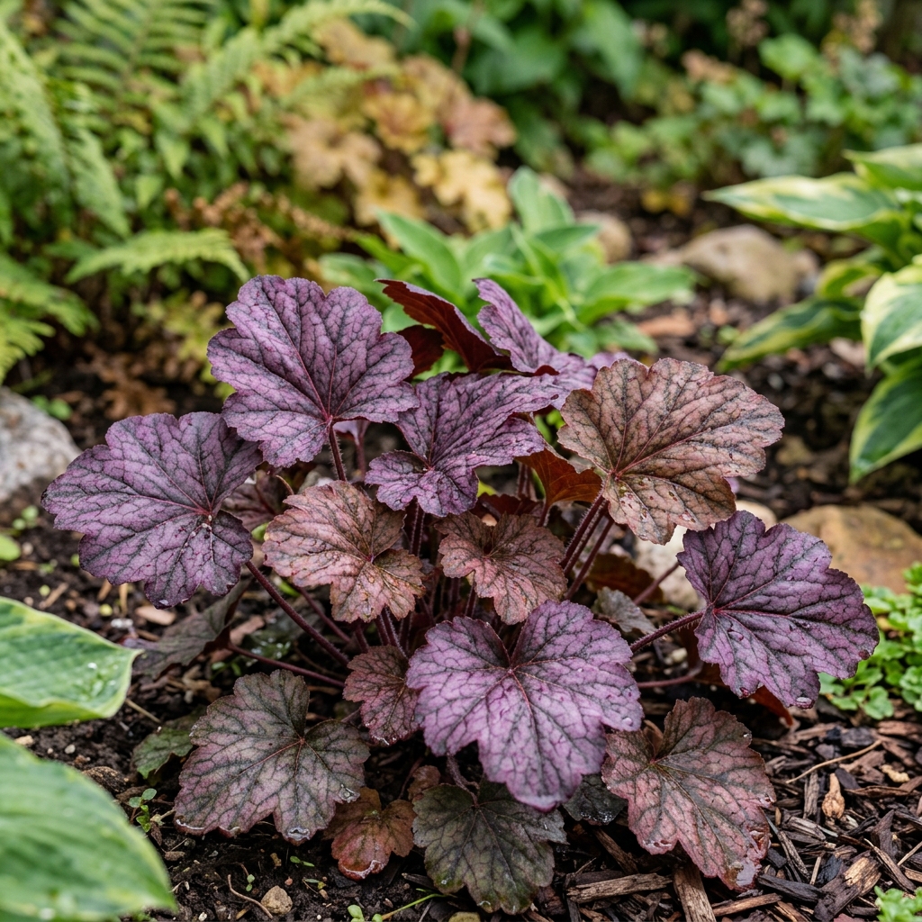 Purperklokje (Heuchera) met dieppaarse bladeren in de border