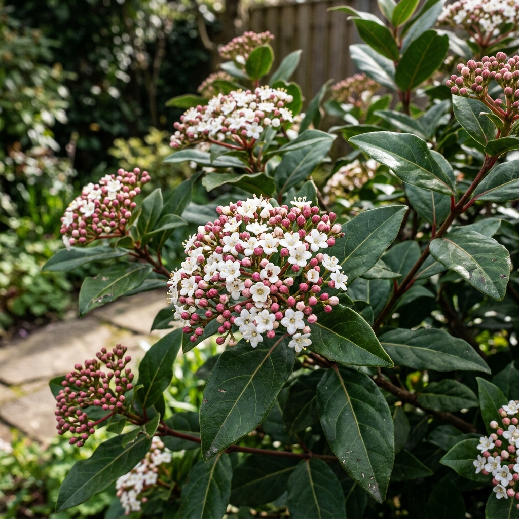 Groenblijvende sneeuwbal (Viburnum tinus) struik met donkergroen blad en wit-roze bloemen