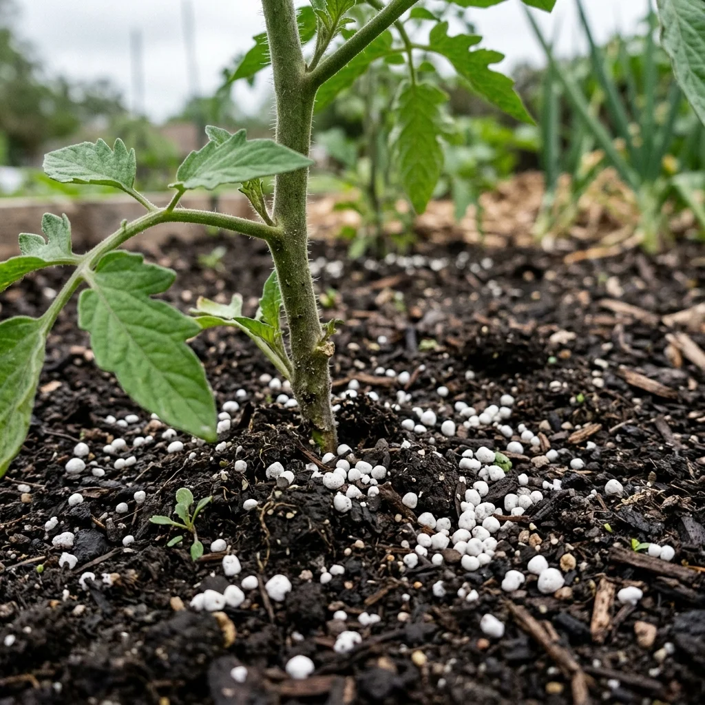 Minerale mestkorrels gestrooid rondom een tomatenplant