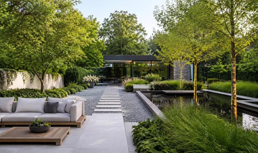 Voorbeeld van blokbeplanting met siergrassen in een moderne tuin met een vijver