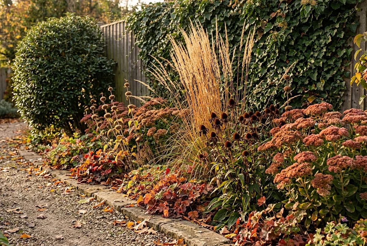 1x3 meter border in de herfst met warm verkleurend struisriet en zaadkegels