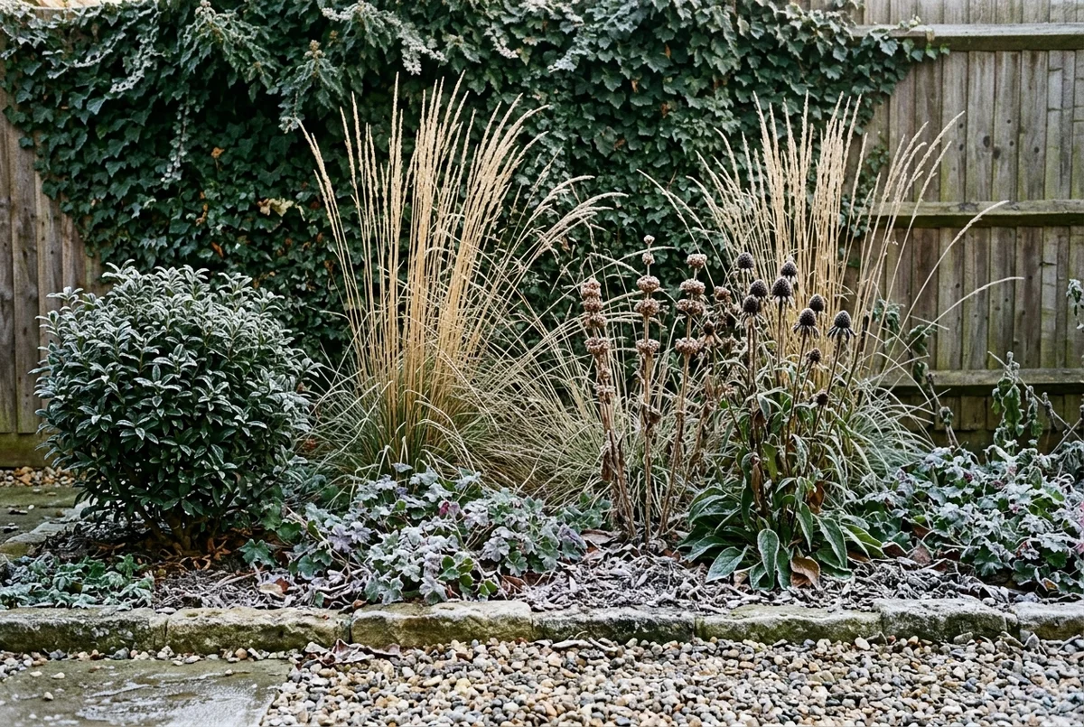 1x3 meter border in de winter met silhouet van siergras, zaadhoofden en Osmanthus