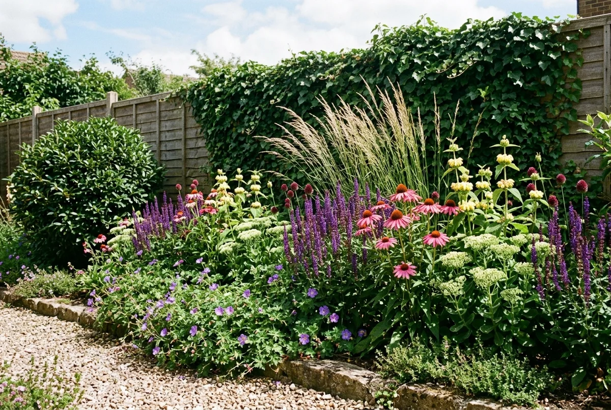 1x3 meter border in de zomer in volle bloei met zonnehoed, salvia en siergrassen