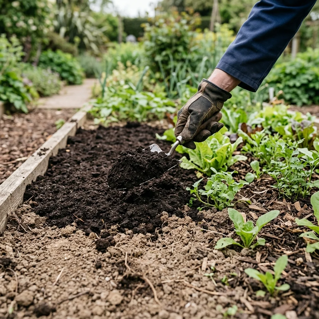 Gezonde tuingrond die met een handschopje wordt verrijkt met donkere, humusrijke compost