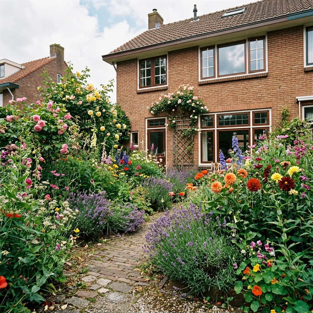 Voorbeeld van cottagebeplanting in een Nederlandse tuin met rozen, dahlia's en lavendel
