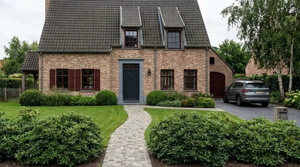 Landelijke voortuin met een border die voornamelijk bestaat uit grote groepen rododendrons