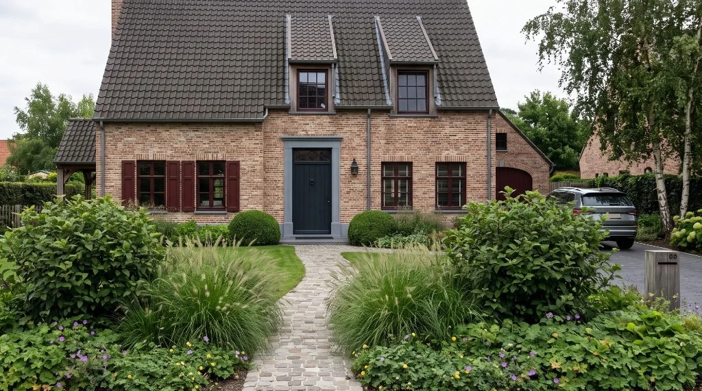 Dezelfde landelijke voortuin met een gevarieerde border met siergrassen, vaste planten en wintergroene sneeuwbal (Viburnum tinus)