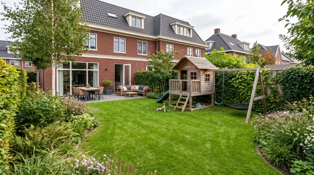 Gezinstuin met speeltoestel waarbij het gehele gazon wekelijks kort wordt gemaaid
