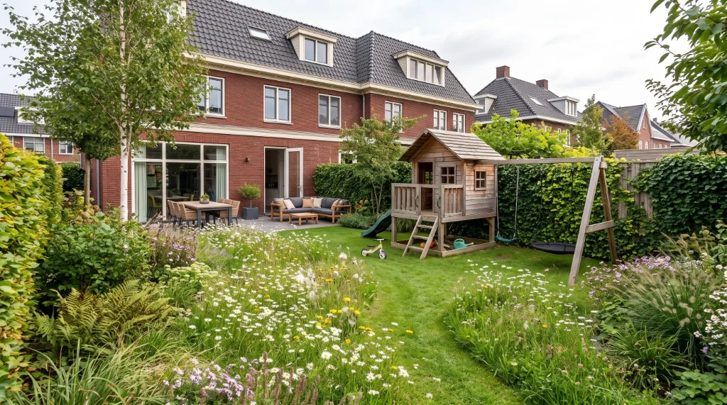 Dezelfde gezinstuin waarbij het gras rond het speeltoestel kort is gemaaid en andere delen bloeien met madeliefjes, paardenbloemen en klaver