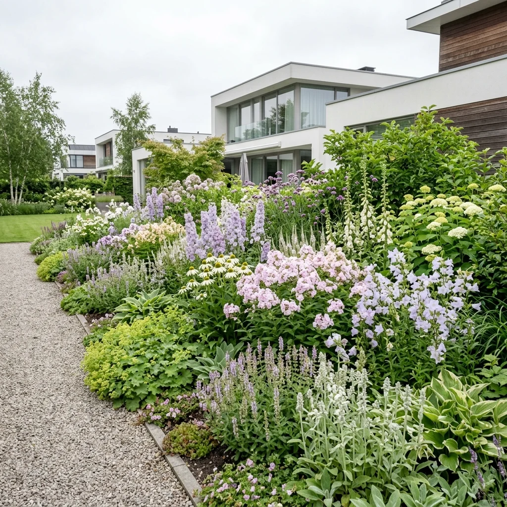 Rijke Engelse border in pasteltinten langs een recht grindpad in de tuin van een moderne wit gestucte villa met plat dak en houten gevelaccenten
