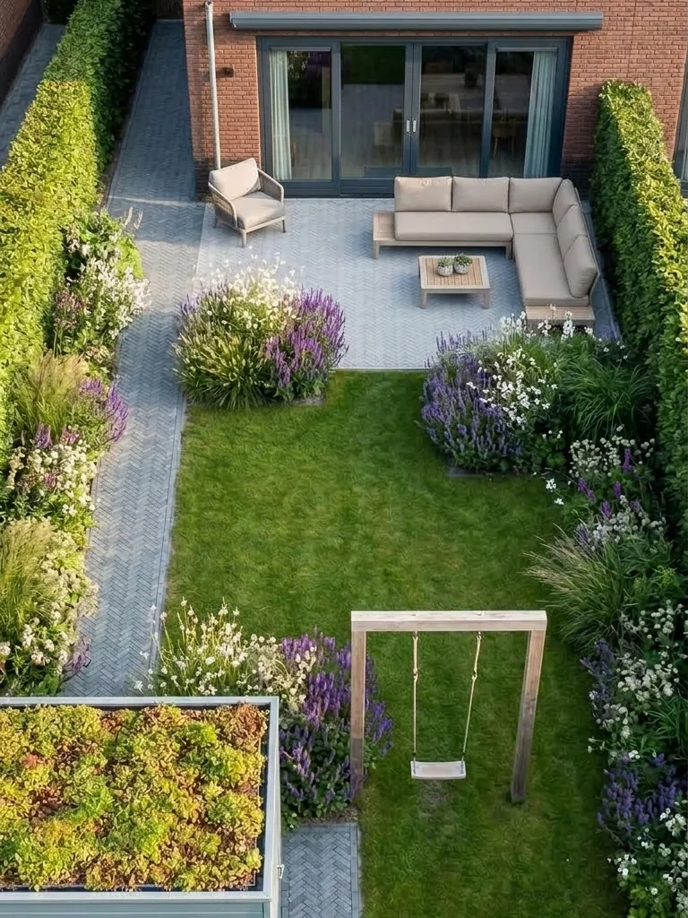 3D-visualisatie van de tuin met loungehoekbank op het terras