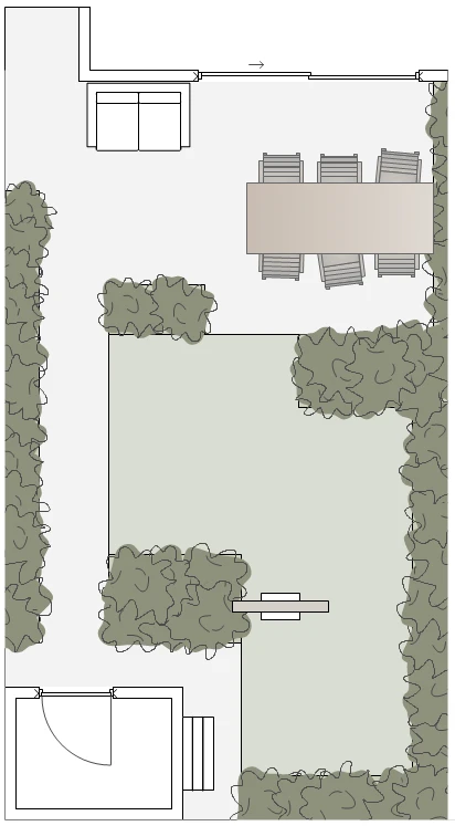 Plattegrond optie 1: eettafel blijft staan en relaxstoel vervangen door kleine loungebank