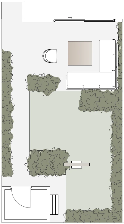 Plattegrond optie 3: eten en relaxen gecombineerd op het grote terras via low dining