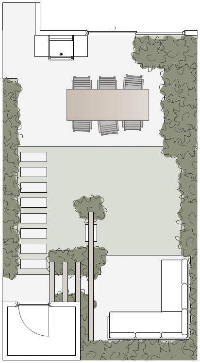 Plattegrond oplossing A: extra terras voor de loungeset achter in de tuin met pergola en stapstenen