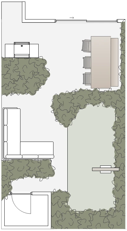 Plattegrond oplossing B: loungeterras halverwege de tuin met afgeronde borders en gazon rechts