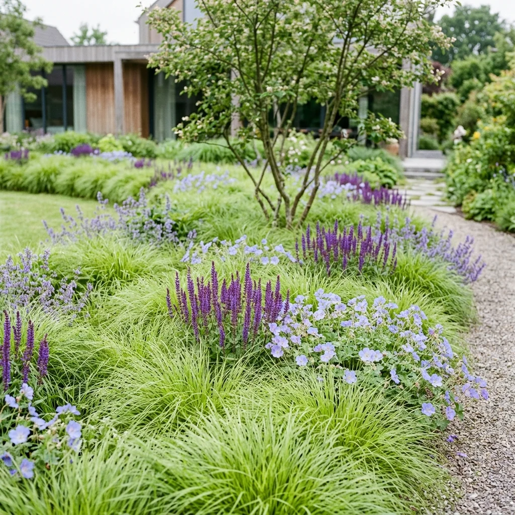 Voorbeeld van matrixbeplanting met een matrix van [siergrassen](/tips-voor-jouw-tuin/wat-is-een-siergras) en accenten van Salvia en andere vaste planten