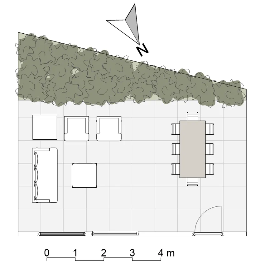 Tuinontwerp eerste versie met een te groot en ongezellig terras