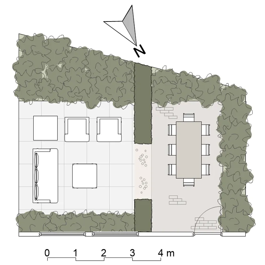 Tuinontwerp versie 3 opgedeeld in verschillende terraszones