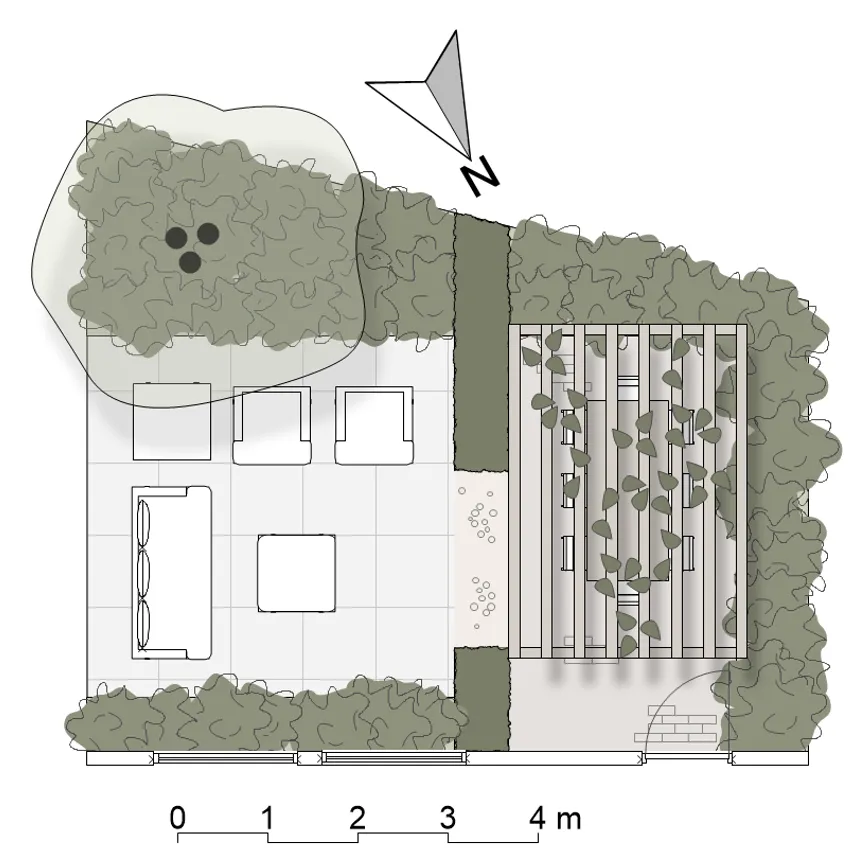 Tuinontwerp versie 4 met pergola en boom voor beschutting en schaduw