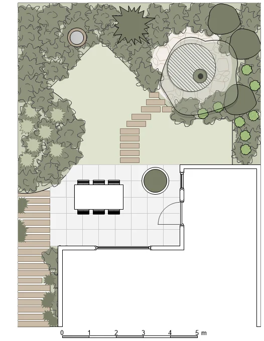 Tuinontwerp versie 3 met herhaling van materialen in paden en zitplekken