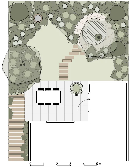 Tuinontwerp versie 4 met herhaling van mediterrane beplanting en sfeer