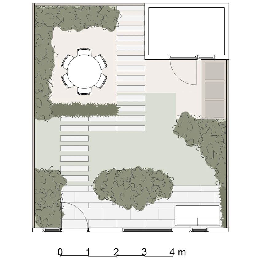 Tuinontwerp versie 2 waarin bank en afvalbakken uit het directe zicht zijn gehaald