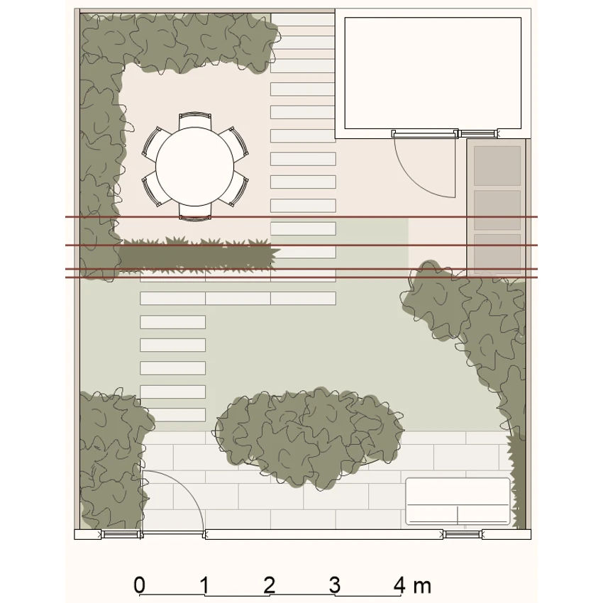 Tuinontwerp versie 3 met rechte hulplijnen tussen terras, gazon en afvalbakken