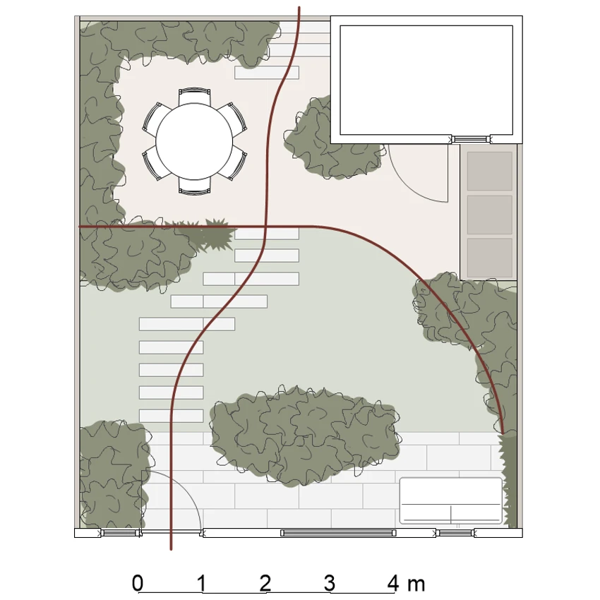 Tuinontwerp versie 3 met vloeiende lijnen en geleidelijke staptegels