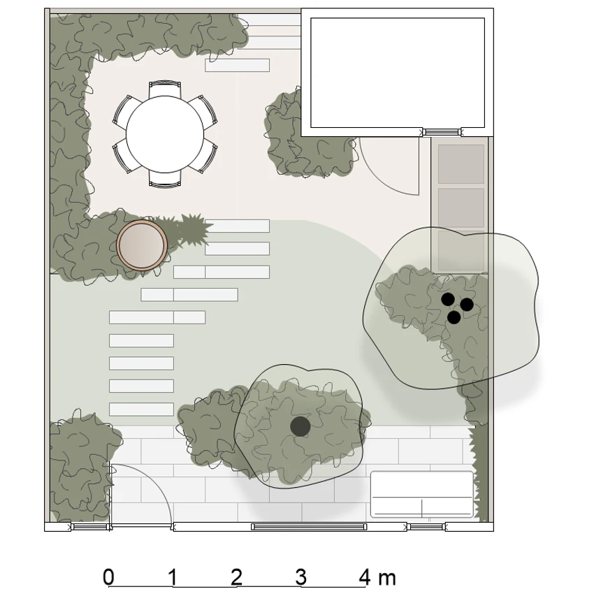 Tuinontwerp versie 4 met meerstammige boom, blikvangers en sfeervolle zichtlijnen