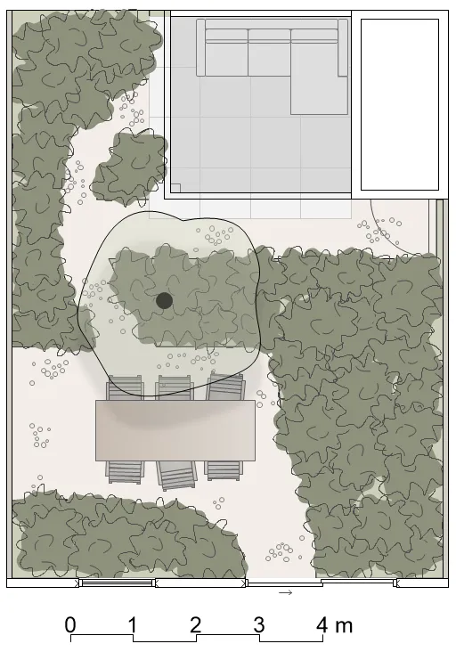 Tuinontwerp 7x9 meter eerste versie met verbeterpunten in looproutes