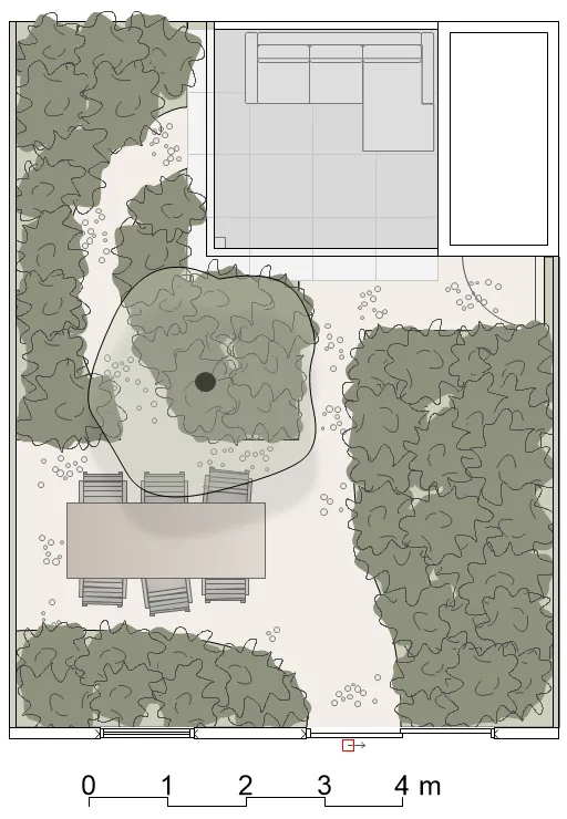 Tuinontwerp versie 3 met verplaatste eettafel uit de hoofdlooproute