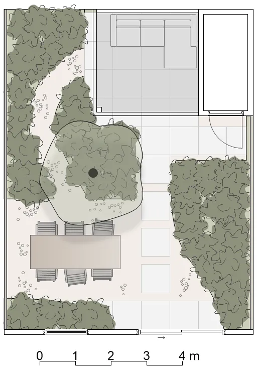 Tuinontwerp versie 4 met verbrede hoofdlooproute en grotere tegels