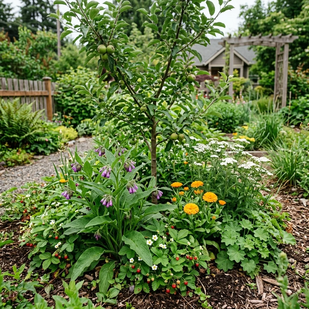 Een appelboomgilde in de praktijk met diverse ondersteunende planten