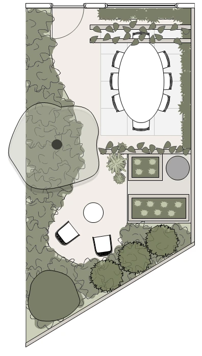 Plattegrond van een kleine eetbare achtertuin van 42,5 m2 met moestuinbakken, fruitboom en bloemenborders