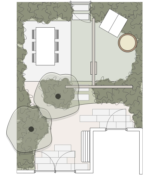 Plattegrond van een tuinontwerp voor een kleine achtertuin van 42 m2 ingericht als gezinstuin met pergola en gazon