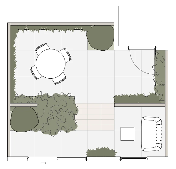 Tuinontwerp voor een onderhoudsarme kleine achtertuin van 30 m2 met grote tegels en trellispanelen
