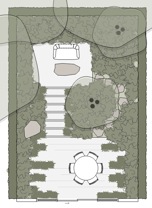 Tuinontwerp voor een schaduwrijke achtertuin van 54 m2 met lichte bestrating en schaduwbeplanting