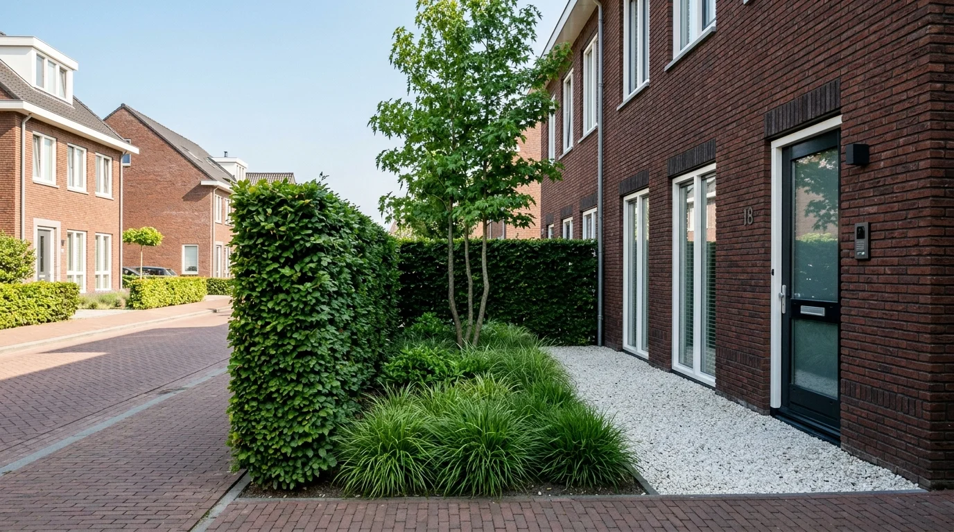 Beschutte moderne voortuin met een hoge haag van 1,80 m en wit grind langs de gevel voor maximale privacy in een smalle nieuwbouwstraat