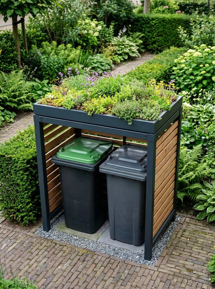 Functionele containerombouw met sedumdak in de voortuin voor twee afvalbakken