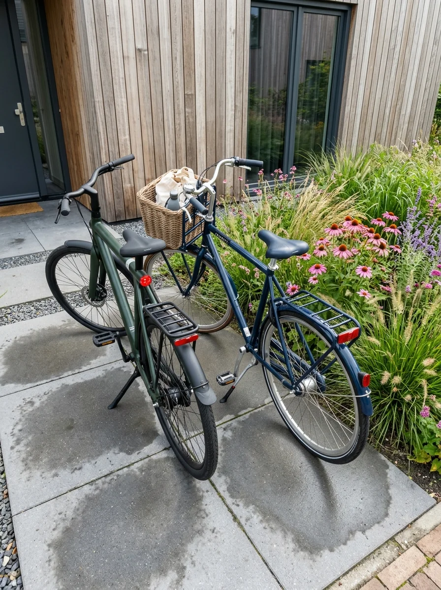 Twee fietsen netjes geparkeerd op strakke betontegels naast een bloeiende prairieborder bij een moderne houten woning