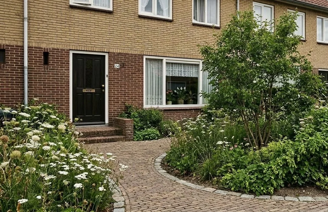 Halfopen natuurlijke voortuin bij een jaren 60 woning waar een meerstammige boom zorgt voor beschutting van het raam zonder de tuin af te sluiten