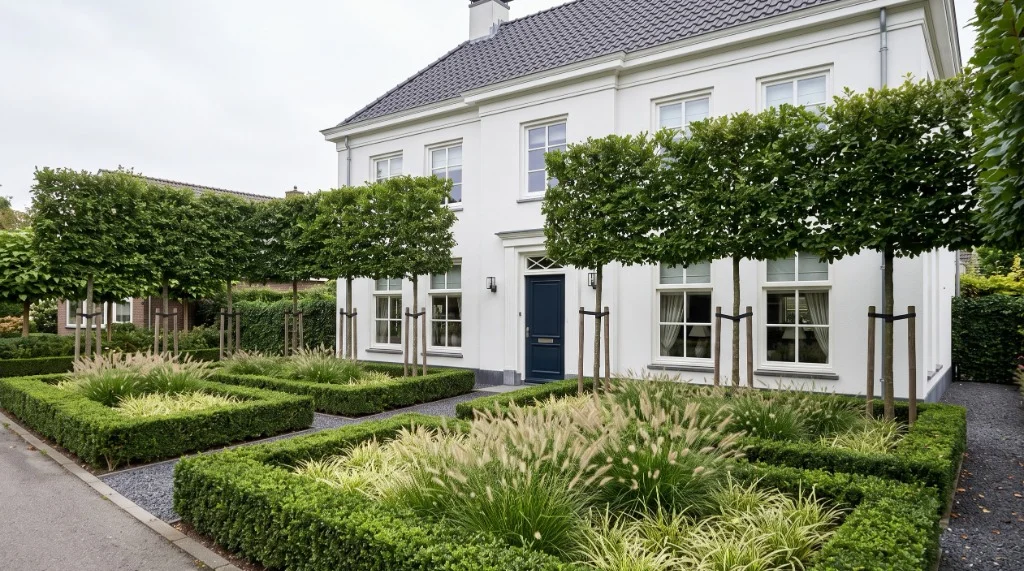 Ondiepe voortuin bij een moderne notariswoning met strakke leibomen en lage wintergroene ilex-haagjes
