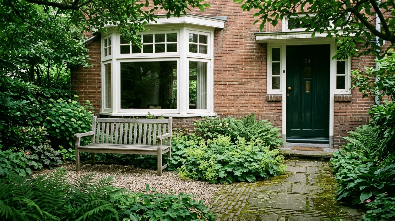 Ruimtelijke afbakening van zones in een schaduwrijke voortuin van een jaren 30 woning met een recht pad naar de voordeur en een grindterras met houten bank onder de erker