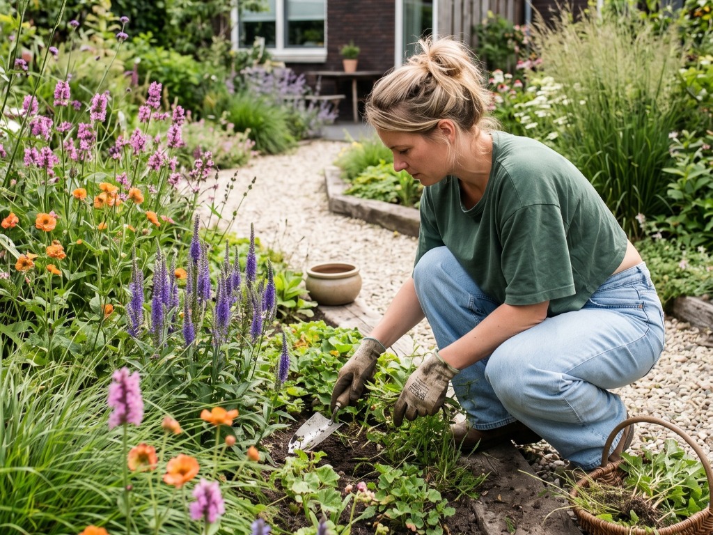 Vrouw die in een weelderige plantenborder tuiniert als onderdeel van tuinonderhoud