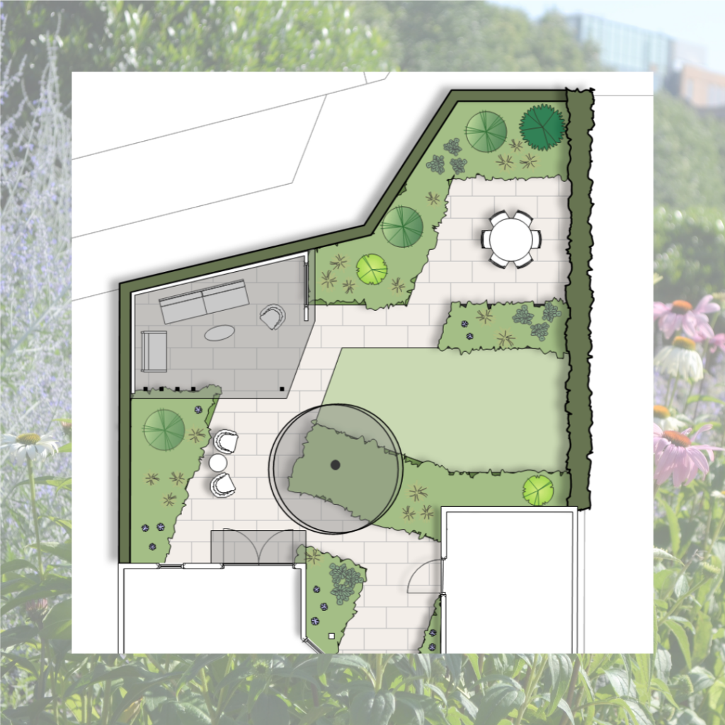 Ontwerp zonnige tuin met veranda