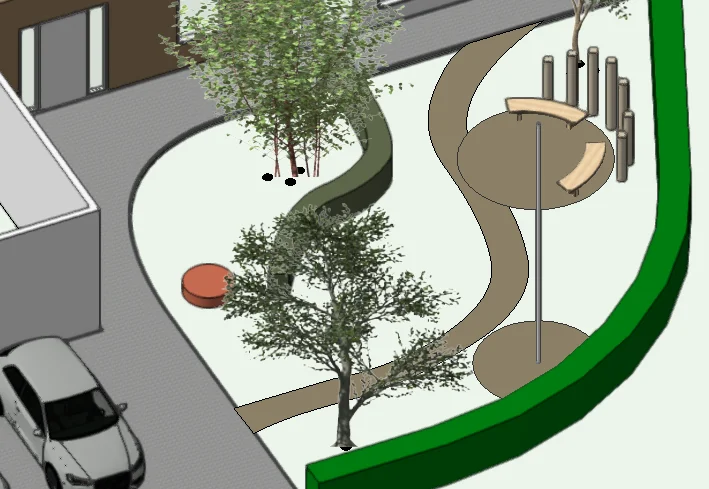 3D impressie van het tuinontwerp met golvende haag en houtsnipperpad
