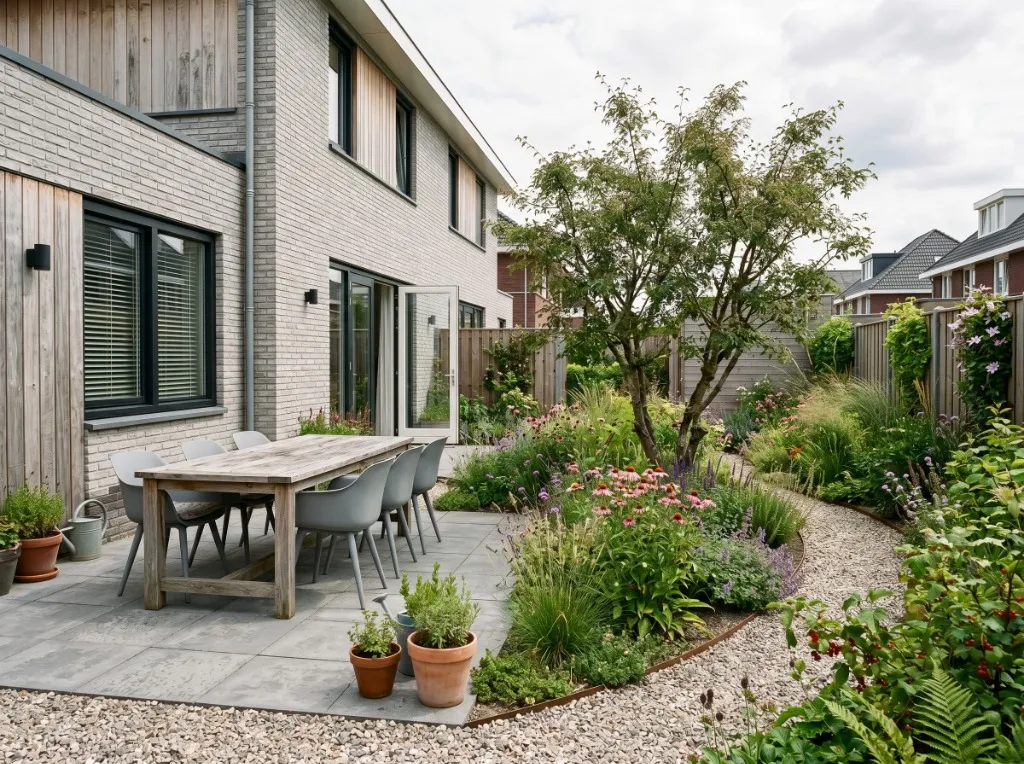 Moderne ecologische tuin met een sfeervol terras, houten eettafel en weelderige beplanting